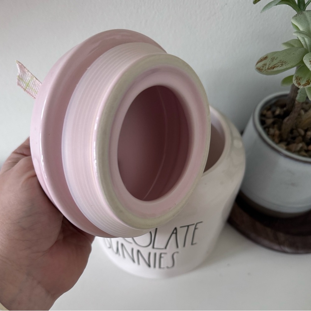 NEW Rae Dunn Chocolate Bunnies Canister 8.5” Tall | Pink Lid - Picture 3 of 6